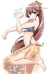  absurdres aqua_bikini barefoot bikini brown_hair clenched_hand dated from_side hair_ribbon highres kantai_collection kazagumo_(kantai_collection) kazu_(really_in_hot_water_now) long_hair ponytail ribbon sarong silver_eyes simple_background solo standing standing_on_one_leg stretch striped striped_bikini swimsuit tsurime twitter_username white_background 