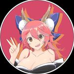  :d animal_ears beetarp breasts cleavage fang fate/extra fate/grand_order fate_(series) fox_ears fox_girl highres huge_breasts long_hair open_mouth pink_hair robe simple_background smile solo tamamo_(fate)_(all) tamamo_no_mae_(fate) 