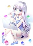  blue_eyes blue_footwear breasts cleavage hair_ornament long_hair looking_at_viewer marble original pixiv-tan planet_sugar shoes sitting small_breasts smile socks solo stylus white_hair white_legwear wristband 