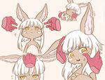 :&lt; animal_ears cheek_squash disembodied_limb fangs floating_hand flying_sweatdrops furry made_in_abyss multiple_views nanachi_(made_in_abyss) one_eye_closed petting simple_background whiskers white_hair yama_gan yellow_eyes 