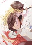  absurdres alternate_costume blonde_hair book brown_hat brown_jacket buttons hat heart highres holding holding_pen jacket kantai_collection kentllaall long_hair long_sleeves pen red_eyes remodel_(kantai_collection) solo sweater white_sweater yuudachi_(kantai_collection) 