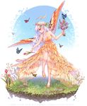  animal antennae artist_name bare_arms bare_legs bare_shoulders blue_eyes blue_hair blue_sky blush breasts bug butterfly butterfly_wings cleavage closed_mouth collarbone day dress flower flower_wreath full_body grass head_wreath highres holding holding_flower hyanna-natsu insect long_hair looking_away looking_down looking_to_the_side medium_breasts no_socks original outdoors profile rock shoes sky smile solo strapless strapless_dress tulip wings yellow_dress yellow_footwear yellow_wings 