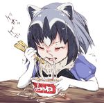  1girl animal_ears asphyxiation black_bow black_hair black_neckwear blue_shirt bow bowtie choking chopsticks closed_eyes commentary_request common_raccoon_(kemono_friends) eating fur_collar gloves grey_hair highres holding holding_chopsticks kemono_friends maruchan_(brand) maruchan_akai_kitsune_udon messy multicolored_hair nigiribashi product_placement raccoon_ears rizzl shirt short_sleeves simple_background solo table udon upper_body white_background white_gloves you're_doing_it_wrong 