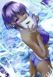  ass bad_id bad_pixiv_id bikini black_hairband breasts cleavage dark_skin eyebrows_visible_through_hair fate/prototype fate/prototype:_fragments_of_blue_and_silver fate_(series) hairband halterneck hassan_of_serenity_(fate) holding holding_mask kata4859 mask medium_breasts purple_bikini purple_eyes purple_hair short_hair side-tie_bikini solo sparkle standing swimsuit wading 