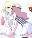  2girls backpack bag blonde_hair blush brother_and_sister brown_hair from_side gen_4_pokemon gladio_(pokemon) green_eyes hair_over_one_eye hat highres holding_hands lillie_(pokemon) long_hair mizuki_(pokemon) multiple_girls open_mouth pokedex pokemon pokemon_(game) pokemon_sm ponytail rotom rotom_dex shirt short_hair short_sleeves siblings simple_background skirt suzukinoko1021 white_background white_shirt white_skirt yuri z-ring 