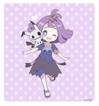  :3 acerola_(pokemon) alternate_color armlet bad_id bad_twitter_id blush_stickers dress elite_four flipped_hair gen_7_pokemon hair_ornament mei_(maysroom) mimikyu multicolored multicolored_clothes multicolored_dress on_shoulder one_eye_closed open_mouth pokemon pokemon_(creature) pokemon_(game) pokemon_on_shoulder pokemon_sm purple_eyes purple_hair sandals shiny_pokemon stitches trial_captain 