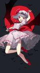  arm_up ascot bare_legs bat bat_wings fangs full_body full_moon grey_background hat hat_ribbon highres looking_at_viewer mob_cap moon open_mouth red_eyes red_footwear red_moon red_ribbon remilia_scarlet ribbon ribbon-trimmed_skirt ribbon_trim sash sh_(562835932) shirt shoes silver_hair skirt skirt_set slit_pupils smile socks solo touhou white_legwear wings wrist_cuffs 