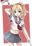  :o blonde_hair blue_eyes broom commentary_request fate/grand_order fate_(series) looking_at_viewer midriff mordred_(fate) mordred_(fate)_(all) navel pleated_skirt ponytail quro_(black_river) red_scrunchie school_uniform scrunchie serafuku skirt solo spiked_hair 