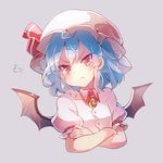  60mai :t =3 bangs bat_wings blue_hair blush brooch crossed_arms grey_background hat hat_ribbon jewelry looking_at_viewer mob_cap pink_wings pout puffy_short_sleeves puffy_sleeves red_eyes red_ribbon remilia_scarlet ribbon short_sleeves simple_background solo tears touhou upper_body wing_collar wings 