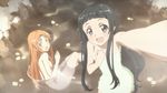  absurdres asuna_(sao) bangs black_hair blunt_bangs brown_hair from_above happy highres long_hair long_legs looking_at_viewer looking_up multiple_girls naked_towel nude official_art onsen open_mouth outdoors outstretched_arm screening sitting smile standing submerged sword_art_online taking_picture towel wet yui_(sao) 