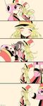  bang_dream! blonde_hair blush brown_hair closed_eyes comic ear_blush eyebrows_visible_through_hair heart kiss kumasawa_(dkdkr) long_hair michelle_(bang_dream!) multiple_girls okusawa_misaki open_mouth silent_comic simple_background smile tsurumaki_kokoro twitter_username yuri 