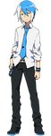  belt blue_hair blue_nails blue_neckwear expressionless full_body hand_on_hip highres looking_at_viewer male_focus matsuda_toki matsudappoiyo multicolored_hair nail_polish necktie pants red_eyes sanpaku solo standing transparent_background two-tone_hair utau wristband 