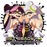  2girls aori_(splatoon) artist_name black_hair brown_eyes cousins dated detached_collar domino_mask dress english fangs food food_on_head foreshortening grey_hair grin holding_hands hotaru_(splatoon) isamu-ki_(yuuki) long_hair looking_at_viewer mask mole mole_under_eye multiple_girls object_on_head open_mouth pointy_ears reaching_out short_hair short_jumpsuit signature smile splatoon_(series) standing strapless strapless_dress sushi symmetrical_hand_pose tentacle_hair upper_body 