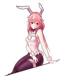  animal_ears bare_shoulders blush boa_(brianoa) bow bowtie bunny_ears bunny_tail bunnysuit eyebrows_visible_through_hair fake_animal_ears fake_tail garters guilty_crown highres leotard long_hair looking_at_viewer pantyhose parted_lips pink_hair pink_leotard purple_legwear red_eyes sitting solo tail transparent_background white_neckwear wrist_cuffs yuzuriha_inori 