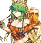  :/ ahoge alcohol alternate_costume animal_ears armpits atalanta_(fate) beer beer_mug blonde_hair breasts cat_ears choker cleavage closed_mouth commentary cosplay cup fate/apocrypha fate/grand_order fate_(series) green_eyes green_hair holding holding_cup long_hair looking_at_viewer mata_hari_(fate/grand_order) mata_hari_(fate/grand_order)_(cosplay) melon22 multicolored_hair navel off-shoulder_shirt orange_shirt shirt small_breasts solo stomach two-tone_hair v-shaped_eyebrows very_long_hair 