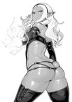  ass attacking_viewer breasts bustier commentary_request cowboy_shot dark_elf dark_skin detached_sleeves elf elf-san_wa_yaserarenai. from_behind greyscale hairband highres kuroeda-san large_breasts long_hair looking_at_viewer looking_back magic micro_panties mole mole_under_eye monochrome o-ring o-ring_bottom o-ring_panties outstretched_arm panties parted_lips pointy_ears simple_background skindentation solo sparks standing synecdoche thick_thighs thighhighs thighs underwear white_background 