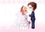  1girl :d artist_name black_jacket black_pants blonde_hair blush bouquet bridal_veil bride brown_eyes brown_hair character_request chibi closed_mouth couple crying crying_with_eyes_open dress eye_contact flower formal full_body gradient gradient_background groom hair_flower hair_ornament happy_tears hetero holding holding_bouquet holding_hands hyanna-natsu jacket looking_at_another open_mouth pants pink_background red_eyes red_flower red_rose rose see-through short_sleeves skip_beat! smile sparkle standing suit tareme tears tiara veil wedding_dress 