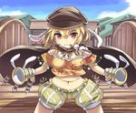  animal_ears belly blonde_hair blush breasts bridge bunny_ears cabbie_hat cape dango dual_wielding eating floppy_ears food hat holding houshiruri looking_at_viewer lunatic_gun medium_breasts midriff mouth_hold navel plump red_eyes ringo_(touhou) shorts solo spaghetti_strap touhou wagashi 