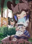  =_= ^_^ african_wild_dog_(kemono_friends) animal_ears bear_ears bear_girl brown_bear_(kemono_friends) circlet closed_eyes commentary_request covered_mouth dappled_sunlight day dog_ears dog_tail dot_nose elbow_gloves eyebrows_visible_through_hair forest gloves golden_snub-nosed_monkey_(kemono_friends) grass high_ponytail highres kemono_friends long_hair lucky_beast_(kemono_friends) makuran multicolored_hair multiple_girls nature open_mouth orange_hair outdoors ponytail raised_eyebrows shirt short_hair shorts sunlight tail tree two-tone_hair under_tree |_| |d 