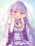  :d bangs bare_shoulders blush breasts cleavage commentary crying crying_with_eyes_open emilia_(re:zero) eyebrows_visible_through_hair flower gem hair_flower hair_ornament hands_on_own_face hands_up hitsukuya jewelry lavender_dress lavender_hair long_hair looking_at_viewer medium_breasts necklace open_mouth parted_lips purple_eyes re:zero_kara_hajimeru_isekai_seikatsu rose signature smile solo tears upper_body white_flower white_rose wide_sleeves wiping_tears 