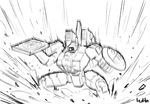  artist_name commander_farsight commentary delivery explosion food greyscale landing lutherniel mecha monochrome pizza pizza_box shield solo tau warhammer_40k 