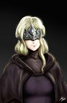  absurdres blindfold blonde_hair capelet cloak covered_eyes dark dark_souls_iii facing_viewer fire_keeper highres jazzjack jewelry long_hair mask necklace pink_lips smile solo souls_(from_software) turtleneck upper_body 