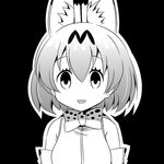  :d animal_ears bangs bare_shoulders black_background bow bowtie breasts commentary empty_eyes eyebrows_visible_through_hair eyelashes greyscale hair_between_eyes kemono_friends looking_at_viewer medium_breasts monochrome multicolored_hair na!_(na'mr) open_mouth outline serval_(kemono_friends) serval_ears serval_print shirt short_hair simple_background sleeveless sleeveless_shirt smile solo tareme two-tone_hair upper_body white_outline 