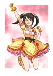  black_hair blush breasts brown_eyes clenched_hands commentary_request dress gloves idolmaster idolmaster_cinderella_girls kaoru348 long_hair looking_at_viewer medium_breasts nakano_yuka open_mouth raised_fist sketch smile solo twintails 