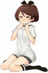  blush brown_hair clenched_hand hair_ribbon kantai_collection looking_at_viewer ponytail red_pv ribbon shikinami_(kantai_collection) short_hair shorts sitting socks solo wariza white_background yellow_eyes 