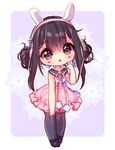  :o animal_ears bangs bare_arms bare_shoulders black_legwear blunt_bangs blush border borrowed_character brown_eyes brown_hair bunny_ears chibi commission double_bun dress finger_to_cheek full_body hairband heart heart-shaped_pupils hyanna-natsu long_hair looking_at_viewer open_mouth original pink_dress pink_hairband pom_pom_(clothes) purple_background sailor_collar sailor_dress sleeveless sleeveless_dress solo standing symbol-shaped_pupils tareme thighhighs white_border zettai_ryouiki 