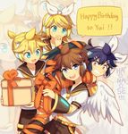  aqua_eyes belt blonde_hair blue_eyes bound brother_and_sister brown_hair carrying carrying_over_shoulder clenched_teeth cosplay crossover dark_pit dual_persona gift hair_ornament hairclip hand_to_own_mouth happy_birthday headphones kagamine_len kagamine_len_(cosplay) kagamine_rin kagamine_rin_(cosplay) kid_icarus kid_icarus_uprising open_mouth orange_ribbon pit_(kid_icarus) purple_hair red_eyes ribbon sailor_collar shorts siblings smile star teeth twins vocaloid wings wusagi2 zoom_layer 