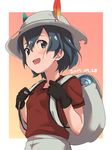  backpack bag black_eyes black_gloves black_hair blush breasts dated food gloves hair_between_eyes hat helmet highres japari_bun kaban_(kemono_friends) karahai_(31448823) kemono_friends looking_at_viewer pith_helmet red_shirt shirt short_hair small_breasts solo upper_body wavy_hair 