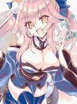  :d animal_ears breasts choker cleavage fang fate/extra fate/grand_order fate_(series) fox_ears fox_girl large_breasts long_hair miuku_(marine_sapphire) open_mouth pink_hair robe smile solo tamamo_(fate)_(all) tamamo_no_mae_(fate) thighs 