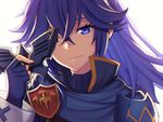  armor backlighting blue_armor blue_eyes blue_hair covering_one_eye fingerless_gloves fire_emblem fire_emblem:_kakusei gloves lucina shoulder_armor smile solo upper_body wusagi2 