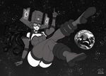  ass bangs bare_shoulders boots breasts choker commentary dated earth elbow_gloves floating floating_hair galacta giantess gloves glowing greyscale headgear helmet highres index_finger_raised large_breasts leotard long_hair looking_at_viewer marvel monochrome parted_lips pointing pointing_up signature smile solo space star_(sky) the_golden_smurf thigh_boots thighhighs 