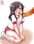  artist_logo asashio_(kantai_collection) black_hair blue_eyes buruma dated gym_uniform highres hot_dog kanon_(kurogane_knights) kantai_collection kneehighs long_hair name_tag red_buruma saliva saliva_trail sexually_suggestive shoes signature simple_background sitting solo tongue uwabaki wariza white_background white_legwear 