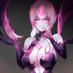  :p bare_shoulders black_background blood blush breasts center_opening cleavage collarbone elbow_gloves evelynn fingernails gloves half-closed_eyes large_breasts league_of_legends licking_lips multicolored_hair pink_hair pink_lips pocari_sweat_(artist) sharp_fingernails sidelocks simple_background solo tongue tongue_out two-tone_hair white_hair white_skin yellow_eyes 