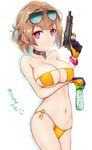  absurdres bikini bottle bracelet breast_lift breasts closed_mouth collar collarbone eyebrows_visible_through_hair eyewear_on_head franz_(217franz) girls_frontline gloves grizzly_mkv grizzly_mkv_(girls_frontline) gun handgun highres holding holding_gun holding_weapon jewelry large_breasts light_brown_hair messy_hair navel pistol purple_eyes short_hair simple_background skindentation solo strapless strapless_bikini sunglasses swimsuit trigger_discipline twitter_username upper_body water_bottle weapon white_background yellow_bikini yellow_gloves 