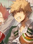  bakugou_katsuki blonde_hair blush boku_no_hero_academia cheese closed_eyes cup drink eating fang food food_on_face half-closed_eyes hamburger happy kirishima_eijirou lettuce male_focus multiple_boys open_mouth red_eyes red_hair school_uniform sharp_teeth smile spiked_hair teeth upper_body yukibi_(ykb) 