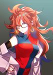  android_21 bare_shoulders black-framed_eyewear blue_eyes breasts brown_hair curly_hair detached_sleeves dragon_ball dragon_ball_fighterz dress earrings fromchawen glasses hoop_earrings jewelry long_hair looking_at_viewer medium_breasts nail_polish red_hair solo 