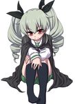  alternate_costume anchovy bangs black_legwear black_neckwear black_ribbon blouse capelet closed_mouth drill_hair full_body girls_und_panzer green_hair green_skirt hair_ribbon hanya_(hanya_yashiki) happy_birthday kneehighs leg_hug long_hair long_sleeves looking_at_viewer miniskirt neckerchief no_shoes ooarai_school_uniform pleated_skirt red_eyes ribbon school_uniform serafuku simple_background skirt smile solo twin_drills twintails white_background white_blouse 