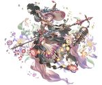  blue_eyes cage detached_sleeves dress flower frilled_dress frills full_body gem granblue_fantasy hat high_heels holding jewelry lavender_hair leaf lennah light_smile lily_(flower) minaba_hideo official_art petals skirt solo staff tiara transparent_background wide_sleeves witch_hat 