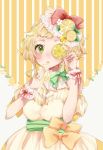  1girl :o bangs blonde_hair blush bow commentary_request covering_one_eye cup detached_sleeves dress flower food food_themed_hair_ornament fruit green_bow green_eyes hair_bow hair_ornament highres holding holding_cup lemon lemon_hair_ornament lemon_slice lemonade looking_at_viewer mizuki_cream original personification pink_ribbon red_bow ribbon sash short_hair short_sleeves solo striped striped_background striped_bow vertical-striped_background vertical_stripes wrist_cuffs yellow_bow yellow_dress 