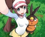  :d black_legwear blue_eyes blurry blush breast_press breasts brown_hair depth_of_field double_bun gen_5_pokemon grass long_hair looking_at_viewer md5_mismatch medium_breasts mei_(pokemon) open_mouth outdoors outstretched_arm pantyhose pokemon pokemon_(creature) pokemon_(game) pokemon_bw2 puffy_shorts shorts smile squid_neetommy tepig twintails visor_cap yellow_shorts 
