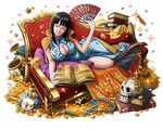 black_hair blue_dress bodskih book book_stack breasts china_dress chinese_clothes cleavage cleavage_cutout closed_eyes closed_mouth coin couch crown_removed dress fan head_tilt holding holding_fan jewelry jewelry_removed large_breasts long_hair lying necklace necklace_removed nico_robin on_side one_piece open_book reading shiny shiny_skin side_slit skull sleeveless sleeveless_dress smile solo sparkle sword transparent_background treasure weapon 