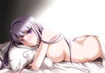  ass bangs bed_sheet black_gloves blunt_bangs blush breasts closed_mouth danganronpa danganronpa_1 eyebrows eyebrows_visible_through_hair from_side gloves gradient gradient_background highres kirigiri_kyouko large_breasts long_hair looking_at_viewer looking_to_the_side lying naked_sheet on_bed on_stomach pillow pillow_hug pink_hair purple_eyes sho-chan sideboob smile solo tsurime 