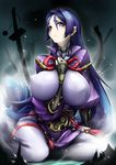  absurdres between_breasts blush bodysuit breasts cleavage commentary_request covered_nipples fate/grand_order fate_(series) fingerless_gloves gloves highres hiro_(yuto_noirm08) huge_breasts long_hair looking_at_viewer minamoto_no_raikou_(fate/grand_order) purple_eyes purple_hair solo very_long_hair 
