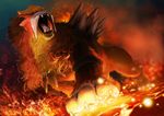  commentary_request entei fangs fire flame gen_2_pokemon lion looking_to_the_side molten_rock no_humans open_mouth pokemon pokemon_(creature) realistic roaring solo standing teru_sakura 