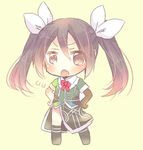  asymmetrical_legwear brown_eyes brown_hair chibi elbow_gloves full_body gloves hair_between_eyes hair_ribbon hands_on_hips kantai_collection kouu_hiyoyo long_hair open_mouth pelvic_curtain remodel_(kantai_collection) ribbon simple_background single_elbow_glove single_thighhigh solo standing thighhighs tone_(kantai_collection) twintails white_ribbon yellow_background 