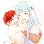  1girl bare_shoulders blue_hair closed_eyes dress fire_emblem fire_emblem:_rekka_no_ken hair_ornament kazame long_hair mamkute mother_and_son ninian open_mouth red_hair roy_(fire_emblem) short_hair silver_hair smile younger 